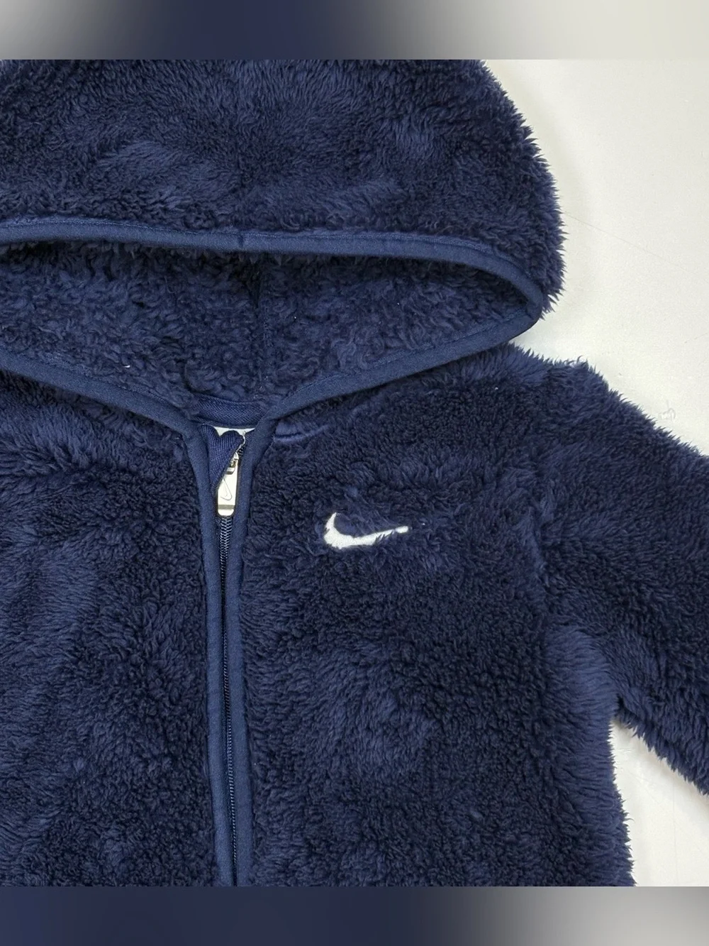 Nike Baby Sherpa Fleece Hooded Footed Coverall Navy Pram Suit Size 6m Unisex
